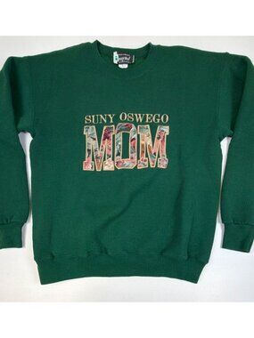 Vintage SUNY Oswego Mom Sweatshirt Medium Green Floral Embroidery Made in USA
